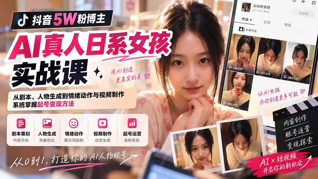 (9.12)抖音5W粉博主AI真人日系女孩实战课：从剧本、人物生成到情绪动作与视频制作，系统掌握起号变现方法