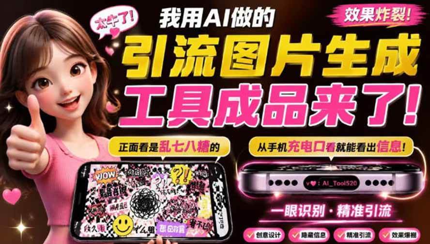 (9.10)自媒体引流工具来了，把你的微信藏到图片中，正面看是乱七八糟的乱码，手机平躺从充电口看就能看出实际内容