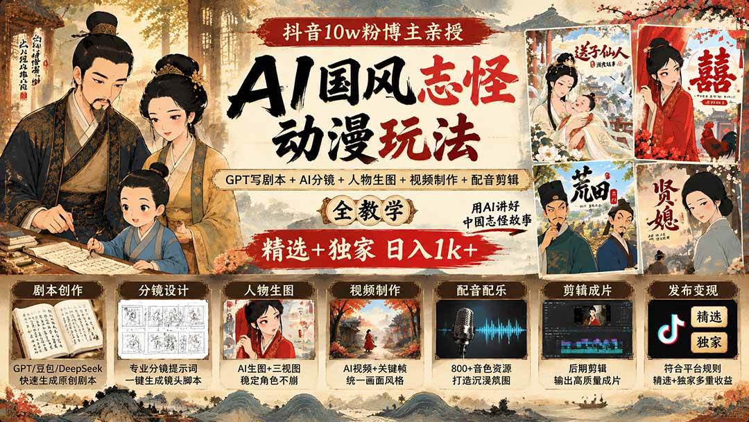 (9.19)抖音10w粉博主亲授AI国风志怪动漫玩法｜GPT写剧本+AI分镜+人物生图+视频制作+配音剪辑全教学｜精选+独家日入1k+