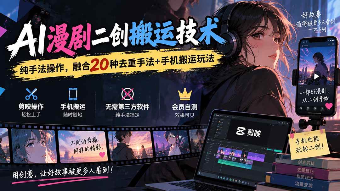 (9.20)AI漫剧二创搬运技术，纯手法操作，融合20种去重手法++手机搬运玩法