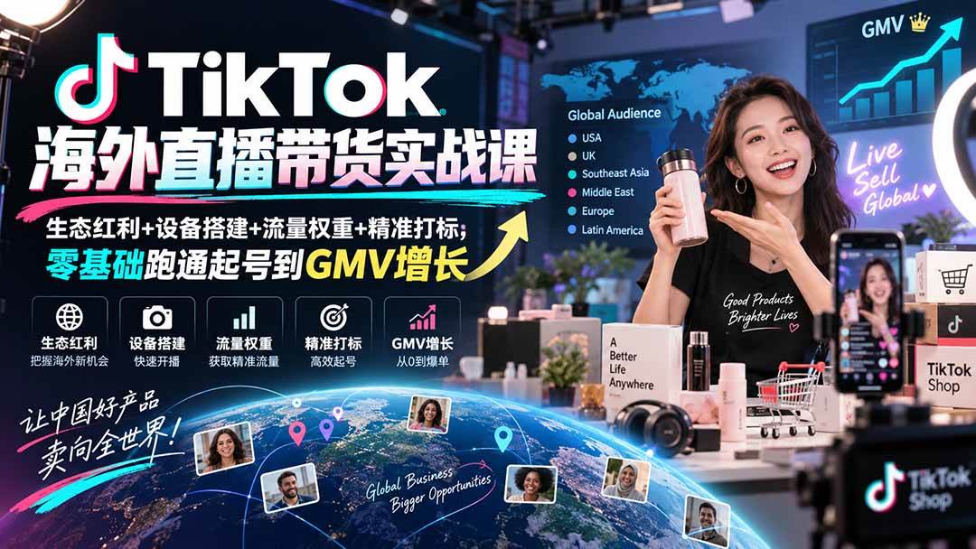 (9.20)TikTok海外直播带货实战课｜生态红利+设备搭建+流量权重+精准打标，零基础跑通起号到GMV增长