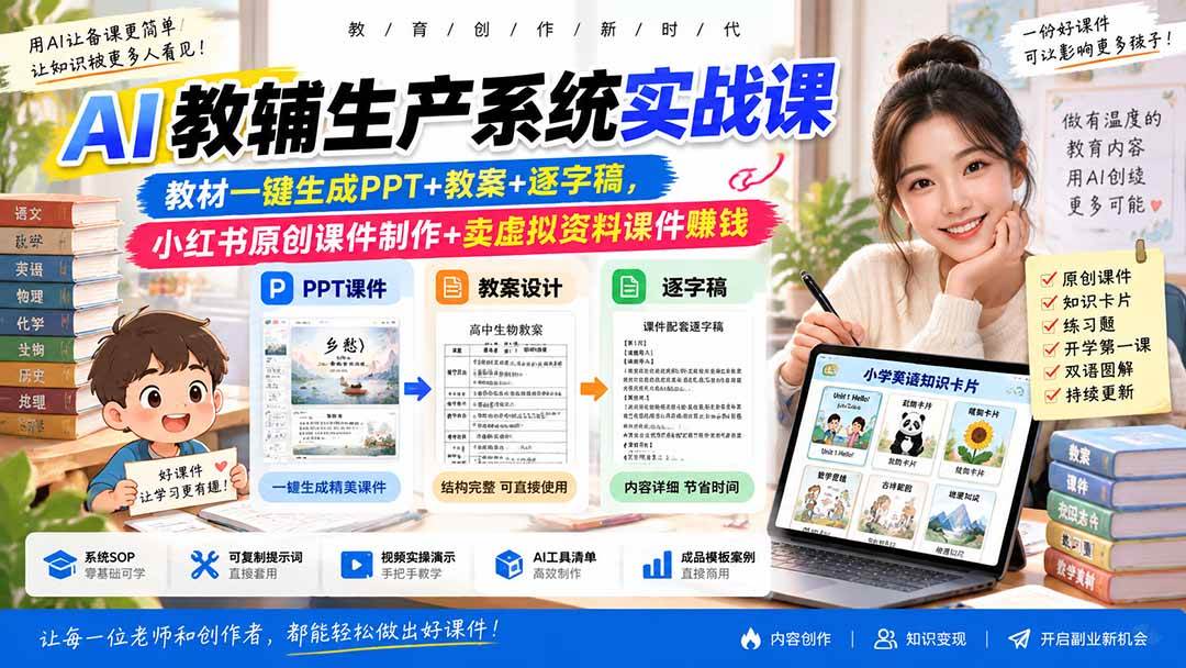 (9.19)AI教辅生产系统实战课｜教材一键生成PPT+教案+逐字稿，小红书原创课件制作+卖虚拟资料课件赚钱