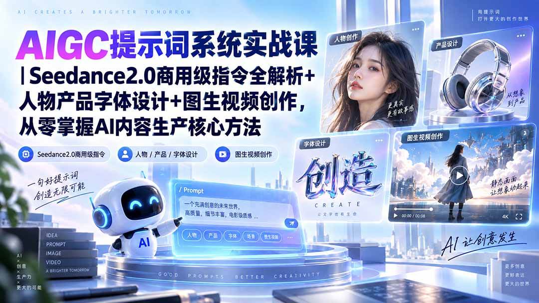 (9.21)AIGC提示词系统实战课-无水印｜Seedance2.0商用级指令全解析+人物产品字体设计+图生视频创作，掌握AI内容生产方法