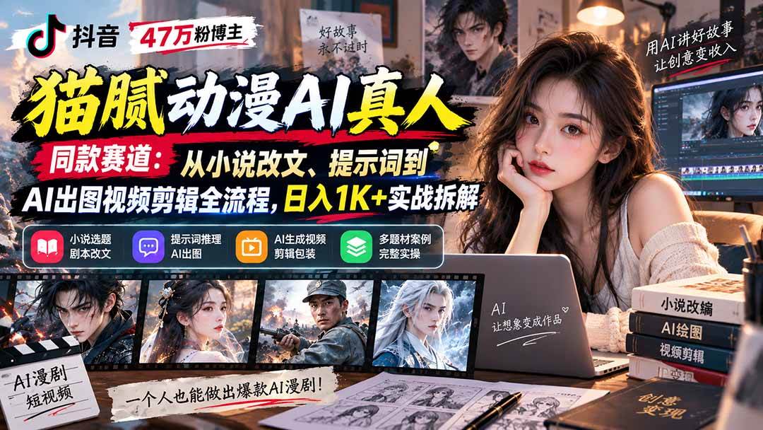 (9.18)抖音47万粉博主猫腻动漫AI真人同款赛道：从小说改文、提示词到AI出图视频剪辑全流程，日入1K+实战拆解