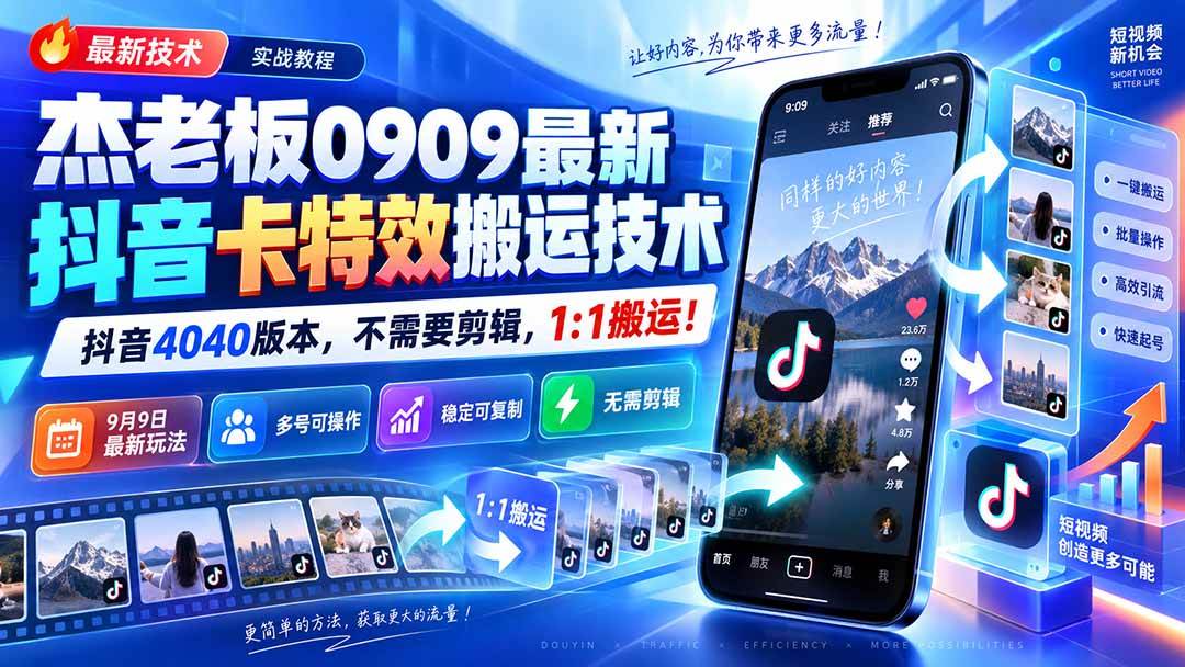 (9.11)杰老板0909最新抖音卡特效搬运技术，抖音4040版本，不需要剪辑，1:1搬运！