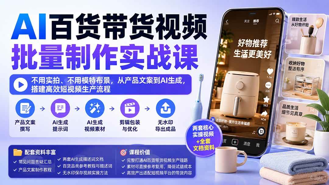 (9.10)AI百货带货视频批量制作实战课：不用实拍、不用模特布景，从产品文案到AI生成，搭建高效短视频生产流程